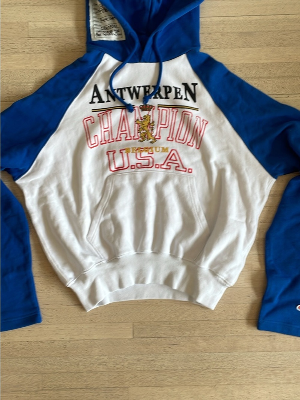 Vetements Champion U.S.A. White & Royal Blue Hoodie